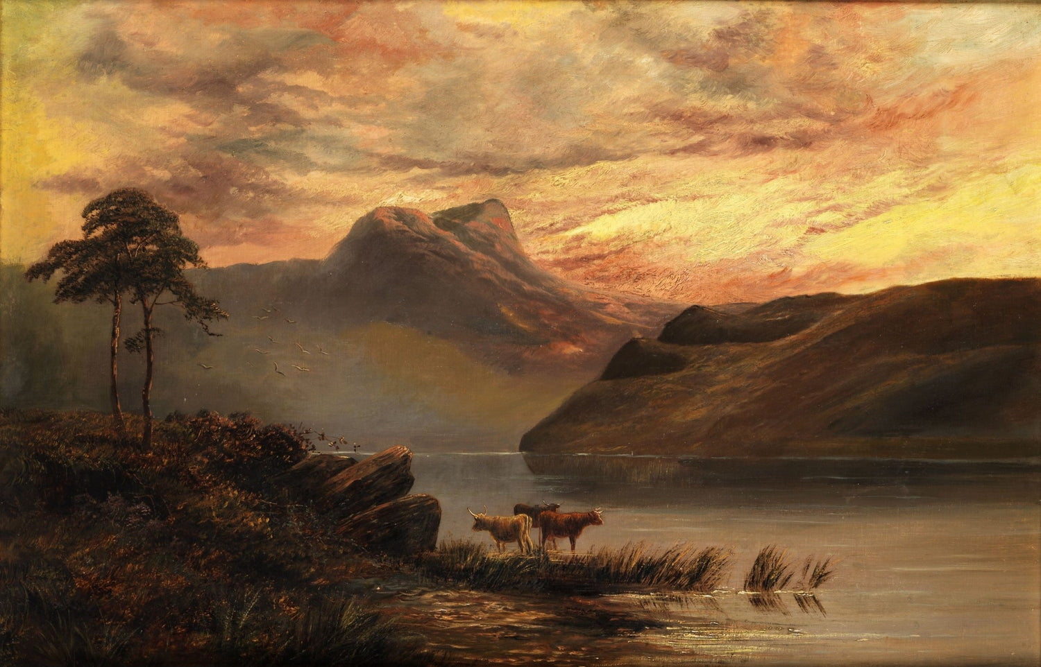 Hand-painted mountain lake with cows at sunset landscape oil painting on canvas
