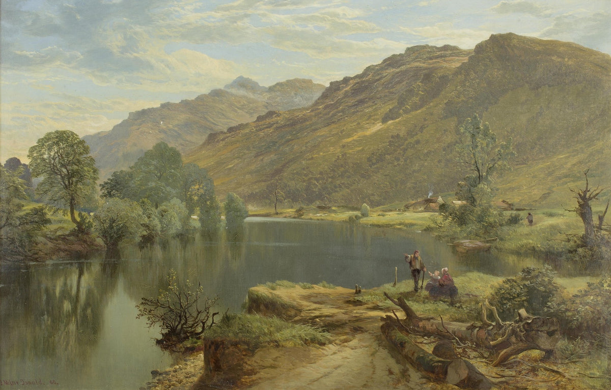 Hand-painted mountain lake with figures and hills landscape oil painting on canvas