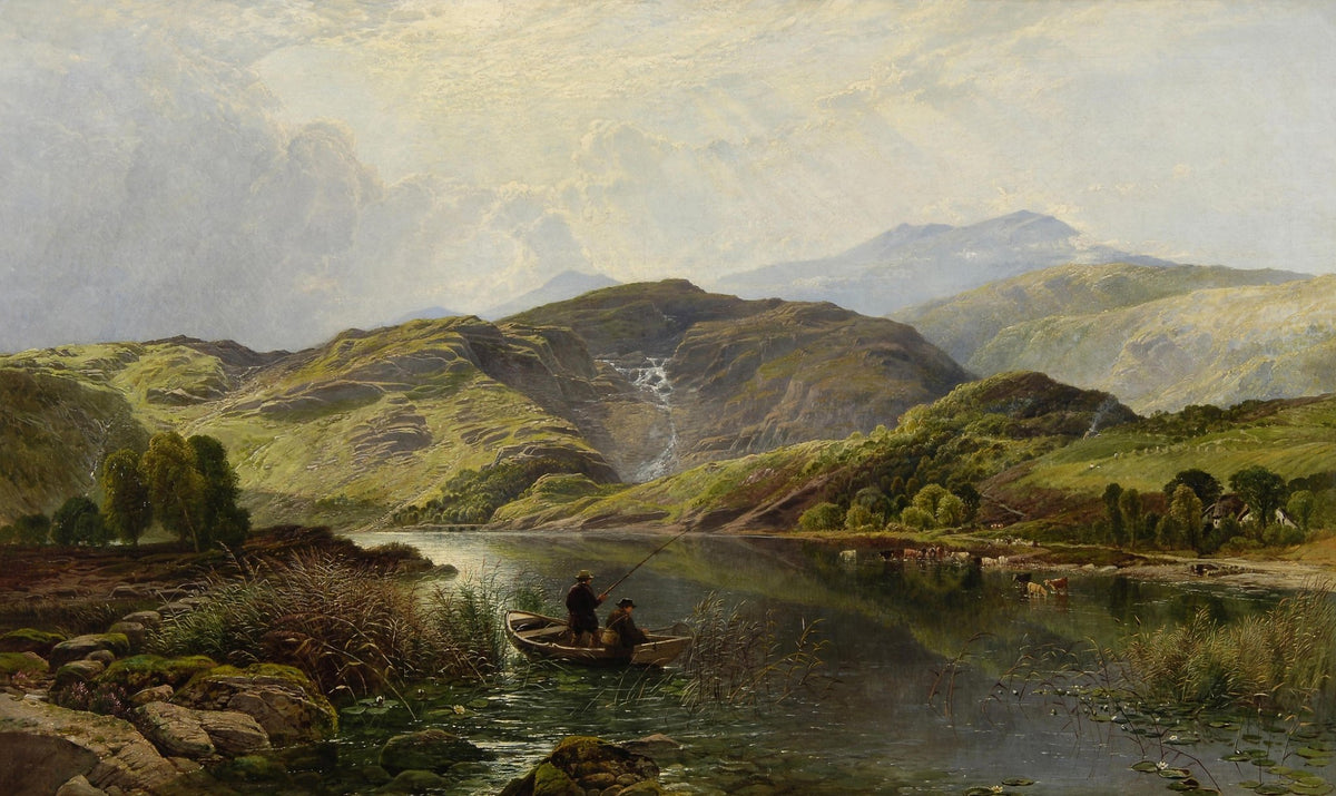 Hand-painted mountain lake with fishermen landscape oil painting on canvas