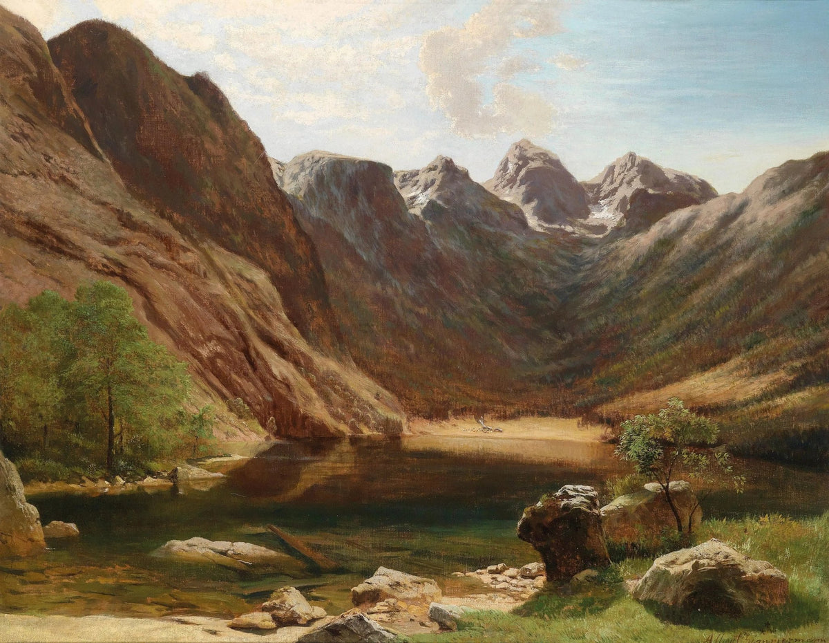 Hand painted oil on canvas landscape oil painting depicting a serene mountain lake surrounded by textured brushwork rocks. - Add Frame, Canvas, Forest, Hand Painted, Lake, Landscape, Made To Order, Mountain, Oil Painting