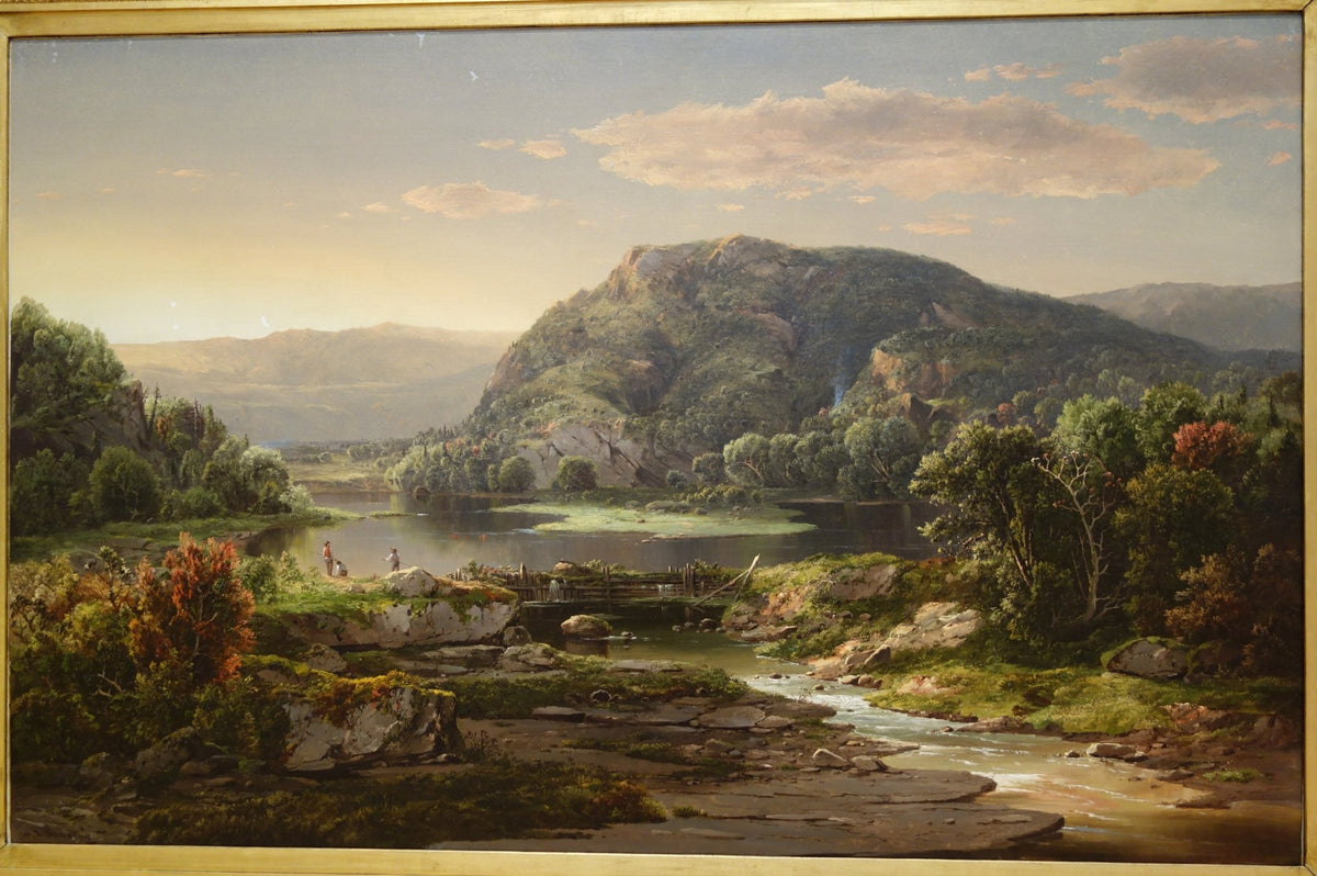 Hand-painted mountain lake with rustic bridge landscape oil painting on canvas