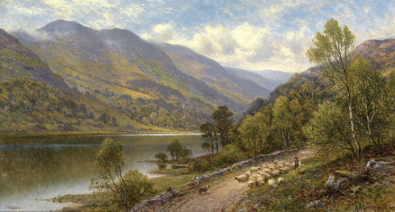 Hand-painted mountain lake with sheep on hillside landscape oil painting on canvas