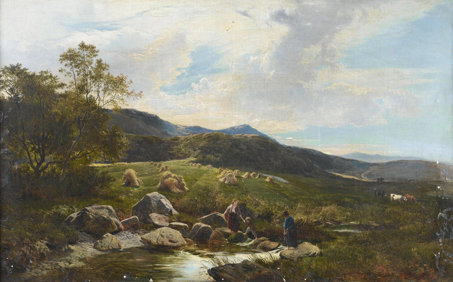 Hand-painted mountain meadow stream with figures landscape oil painting on canvas