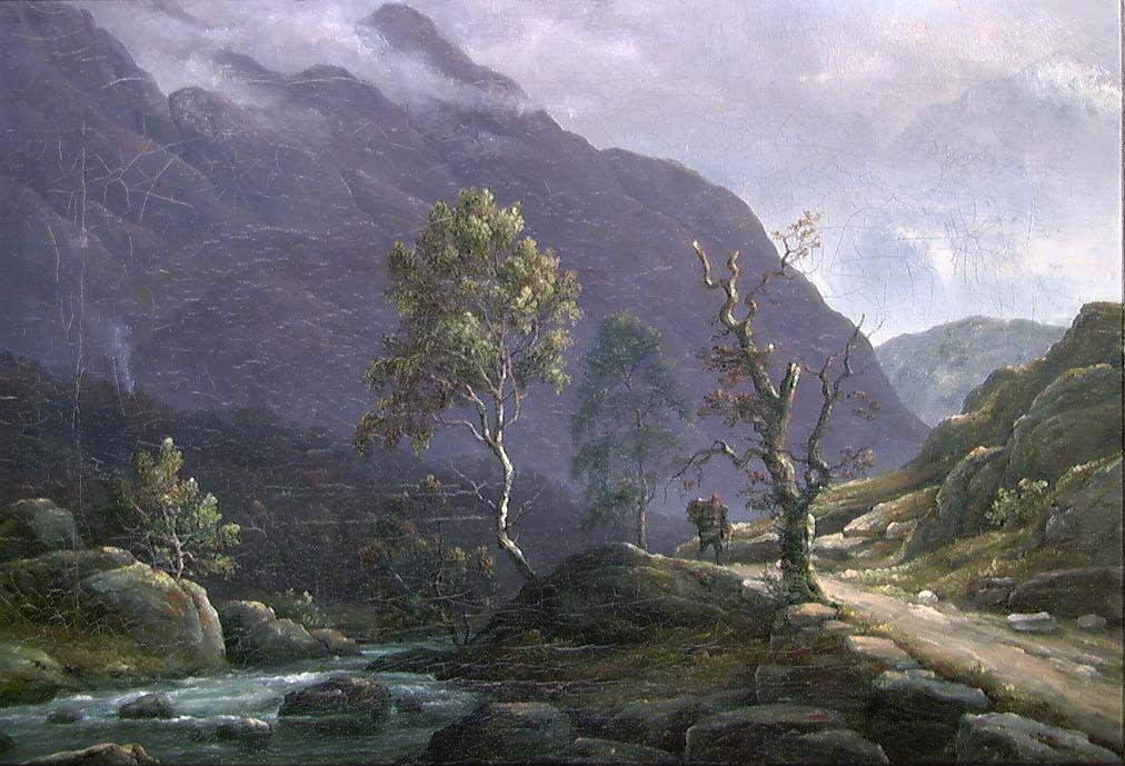 Hand-painted mountain pass stream and solitary trees landscape oil painting on canvas