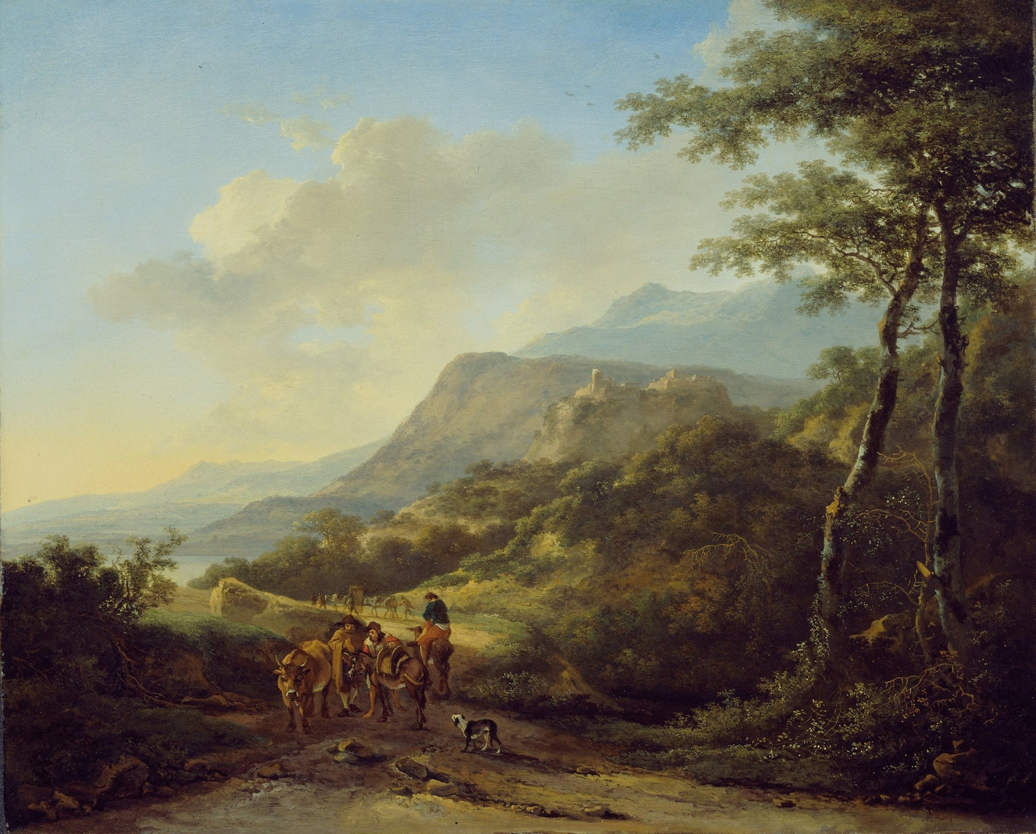 Hand-painted mountain pass with travelers and ruins landscape oil painting on canvas