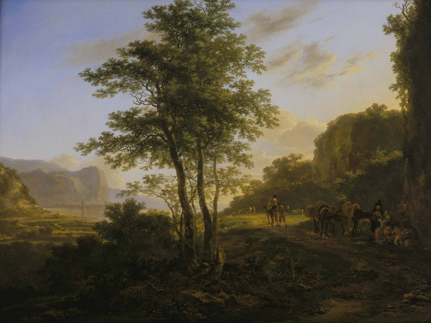 Hand-painted mountain path with travelers at dusk landscape oil painting on canvas