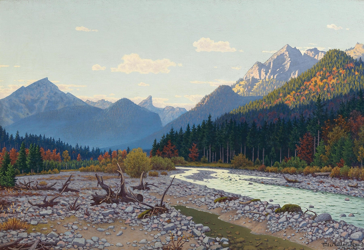 Landscape Oil Painting - mountain river autumn pebble bank driftwood - Oil Painting Haven