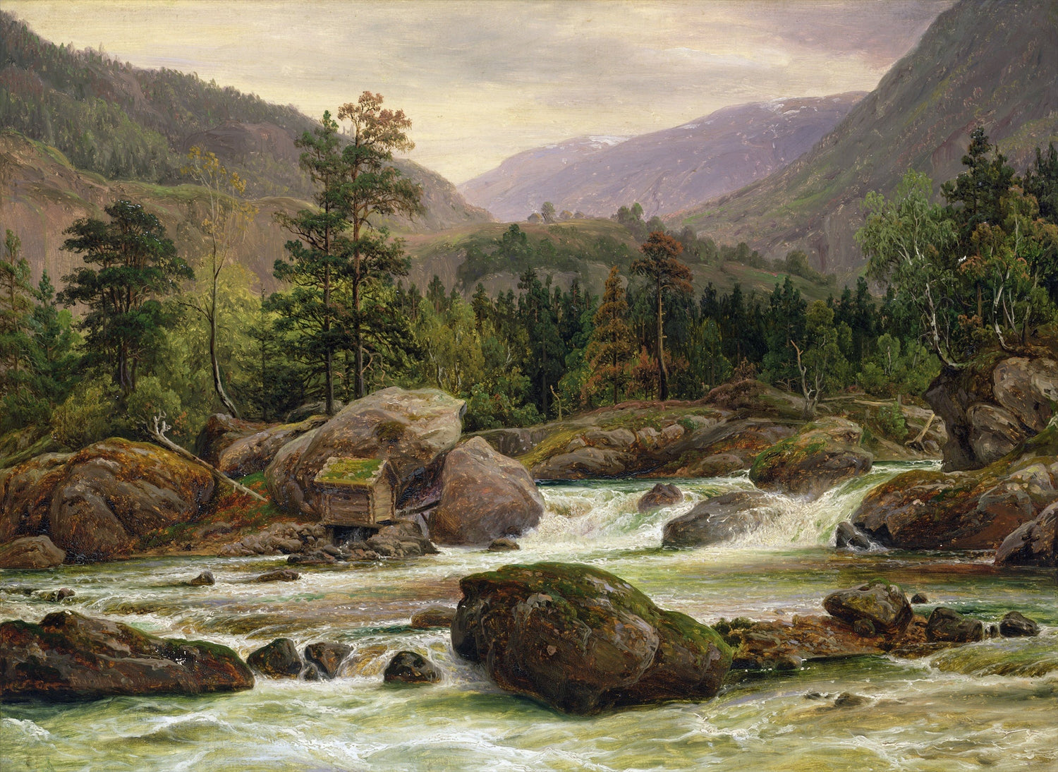Hand-painted mountain river rapids and forest valley landscape oil painting on canvas