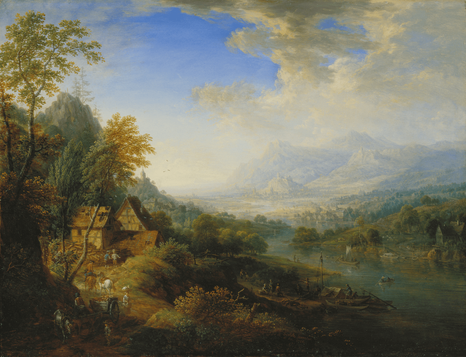 Hand-painted mountain river valley with boats landscape oil painting on canvas
