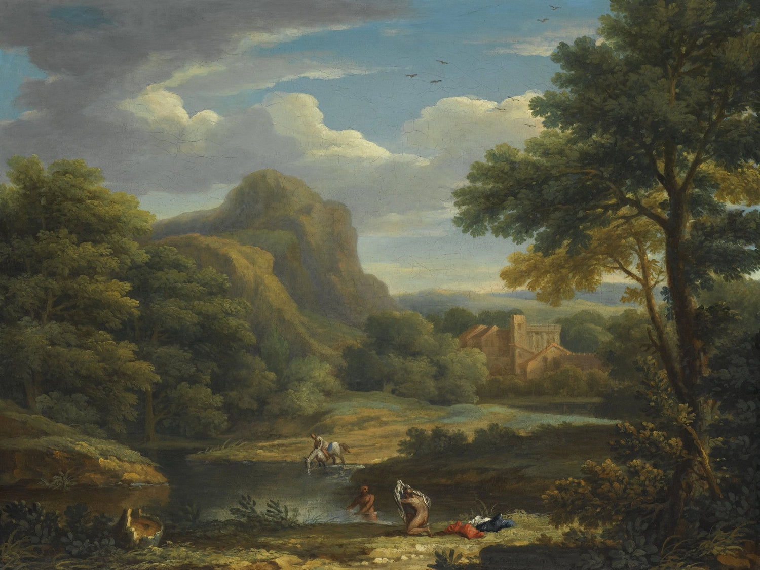 Hand-painted mountain river valley with figures and trees landscape oil painting on canvas