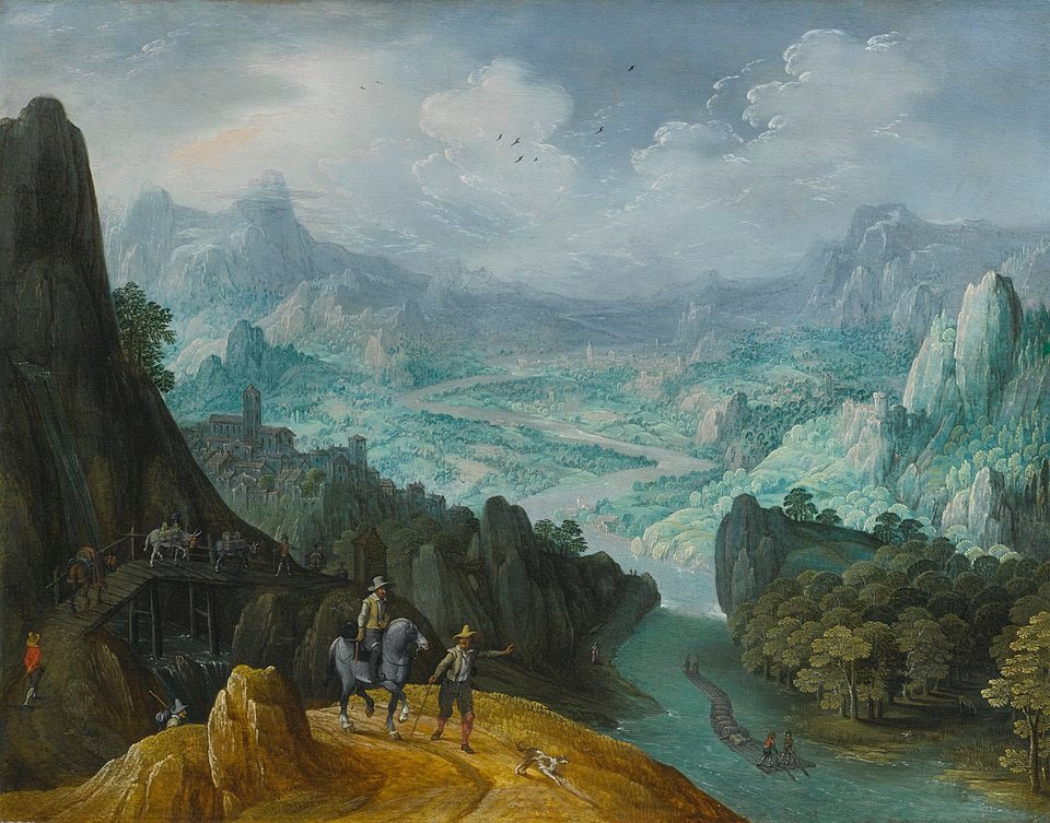 Hand-painted mountain river valley with travelers landscape oil painting on canvas
