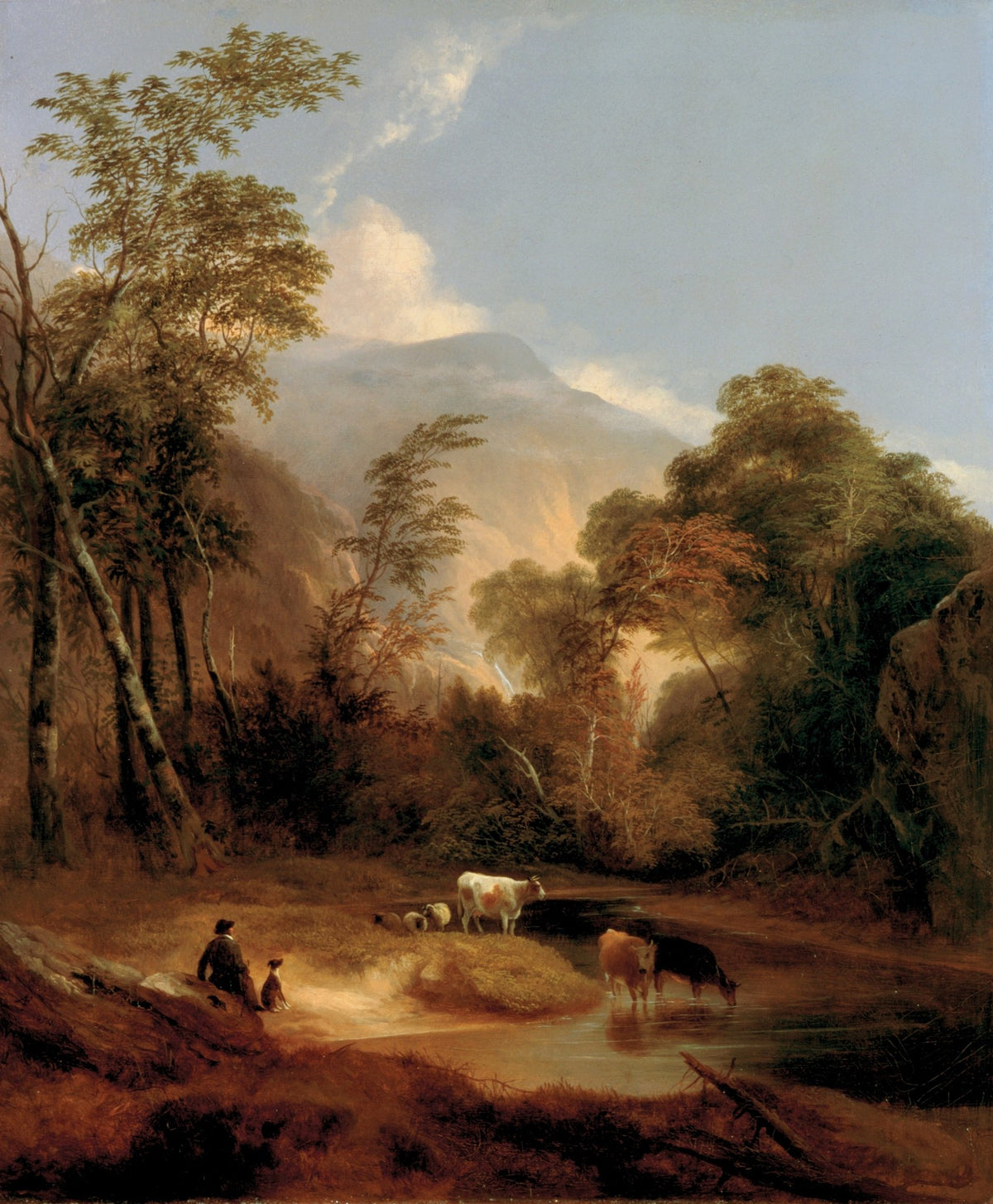 Hand-painted mountain river with cattle at dusk landscape oil painting on canvas