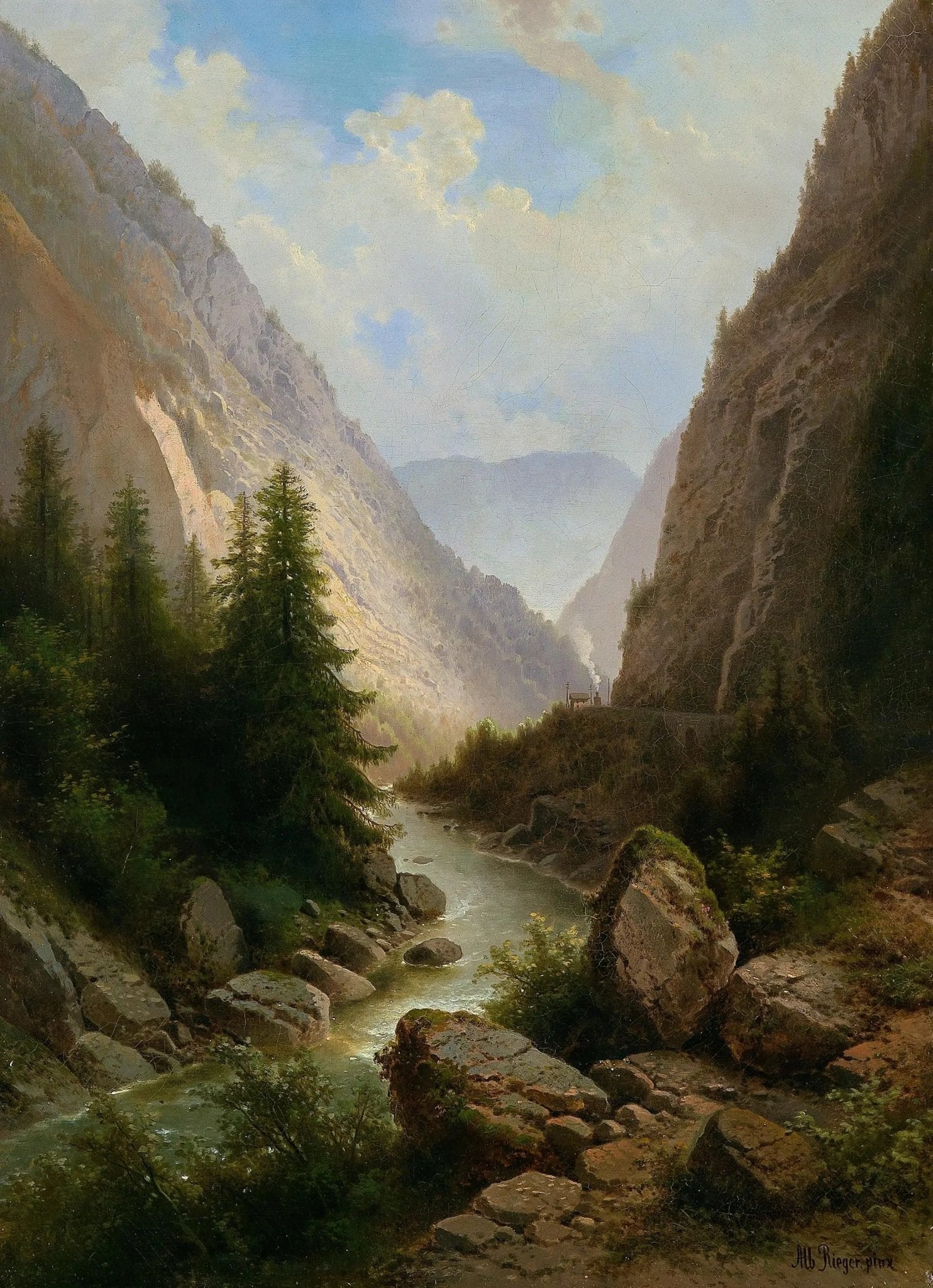 Hand painted landscape oil painting of a mountain river with rocks and trees, textured brushwork on canvas. - Add Frame, Canvas, Forest, Hand Painted, Landscape, Made To Order, Mountain, Oil Painting, River