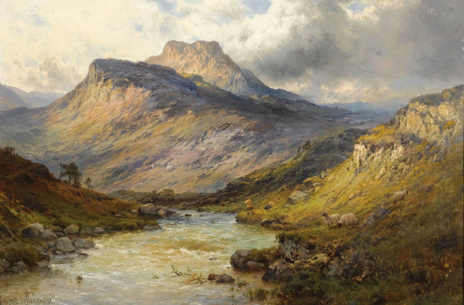 Hand painted landscape oil painting of a mountain river valley with textured brushwork, sheep grazing, and a small figure. - Add Frame, Animal, Canvas, Farm, Figure, Hand Painted, Landscape, Made To Order, Mountain, Oil Painting, River