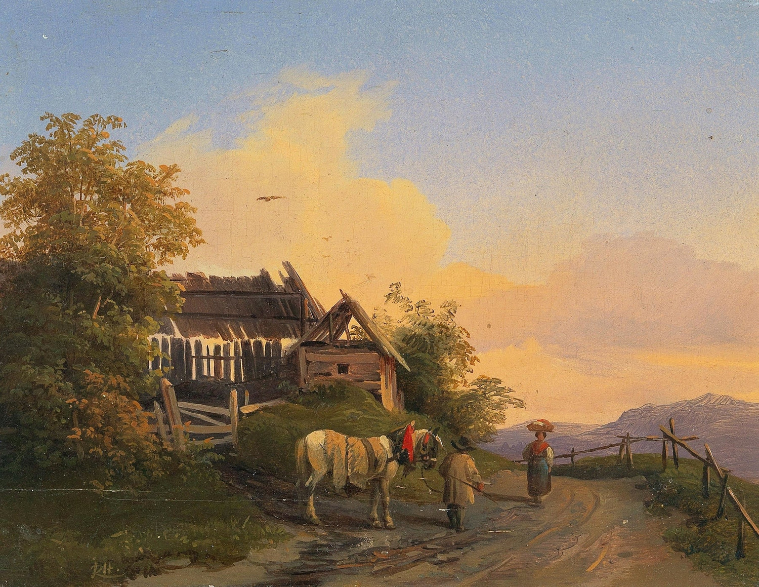 Hand-painted mountain road, horse and sunset sky landscape oil painting on canvas
