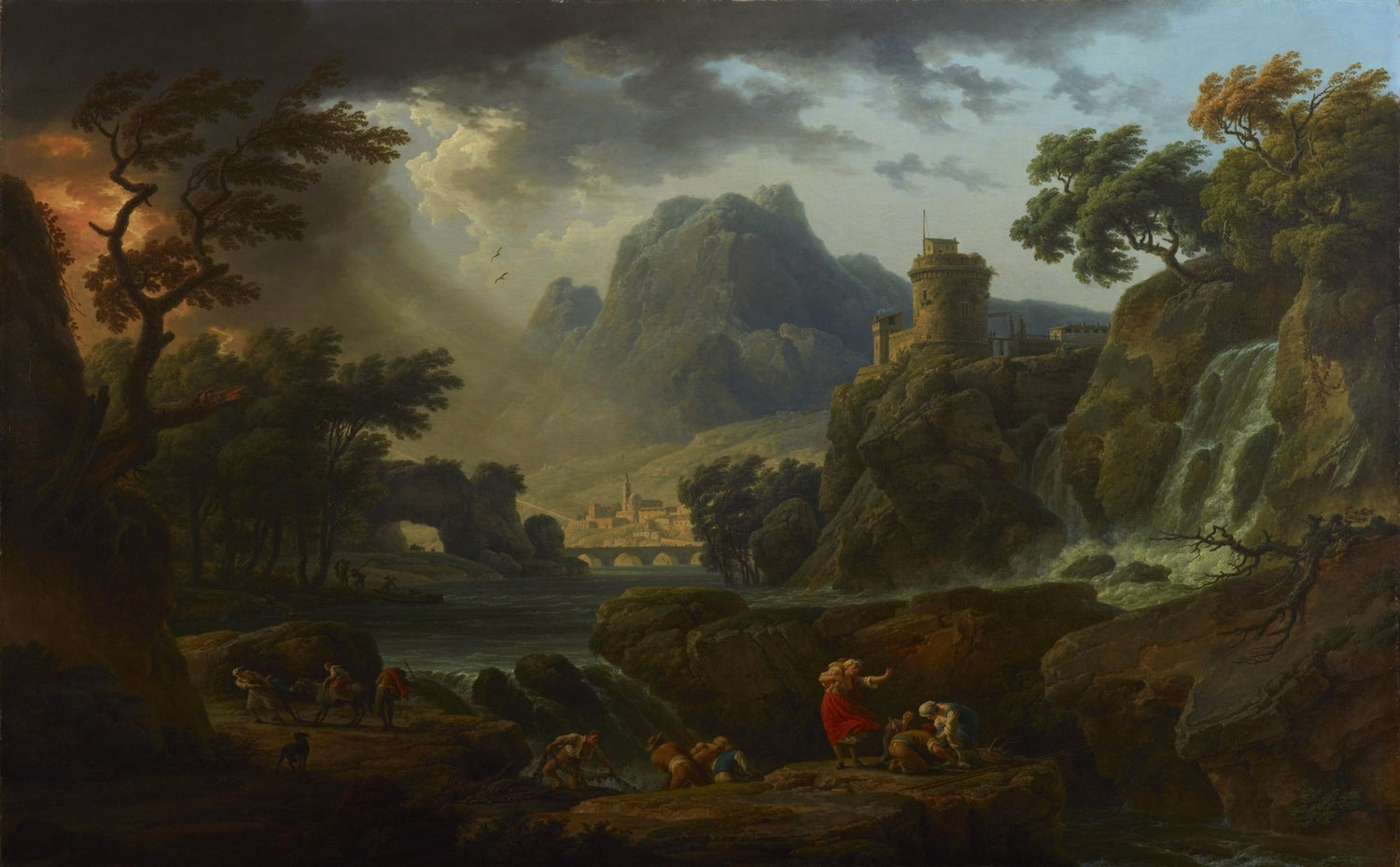 Hand-painted mountain storm, waterfall and castle landscape oil painting on canvas