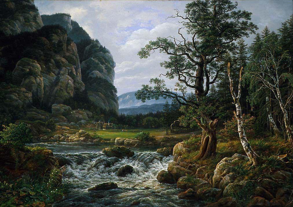Hand-painted mountain stream and forest cliffs landscape oil painting on canvas