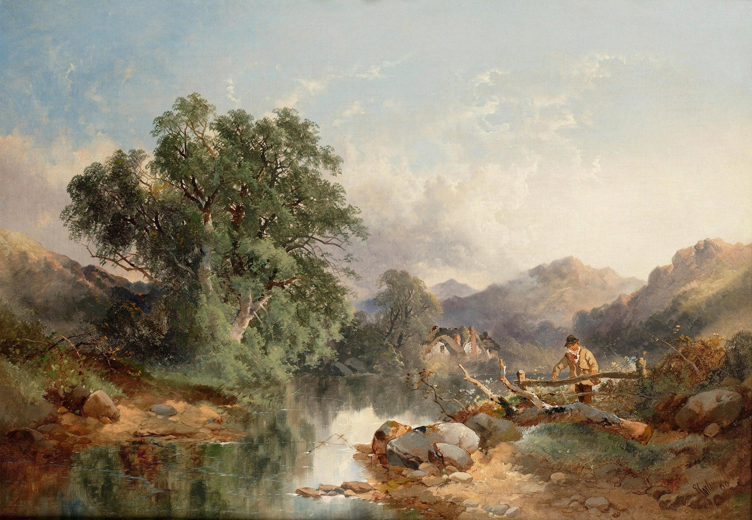 Hand-painted mountain stream with cottage and figure landscape oil painting on canvas