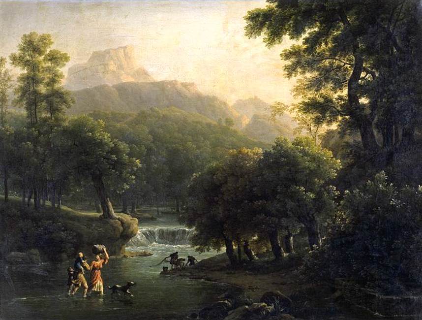 Hand-painted mountain stream with figures at dawn landscape oil painting on canvas