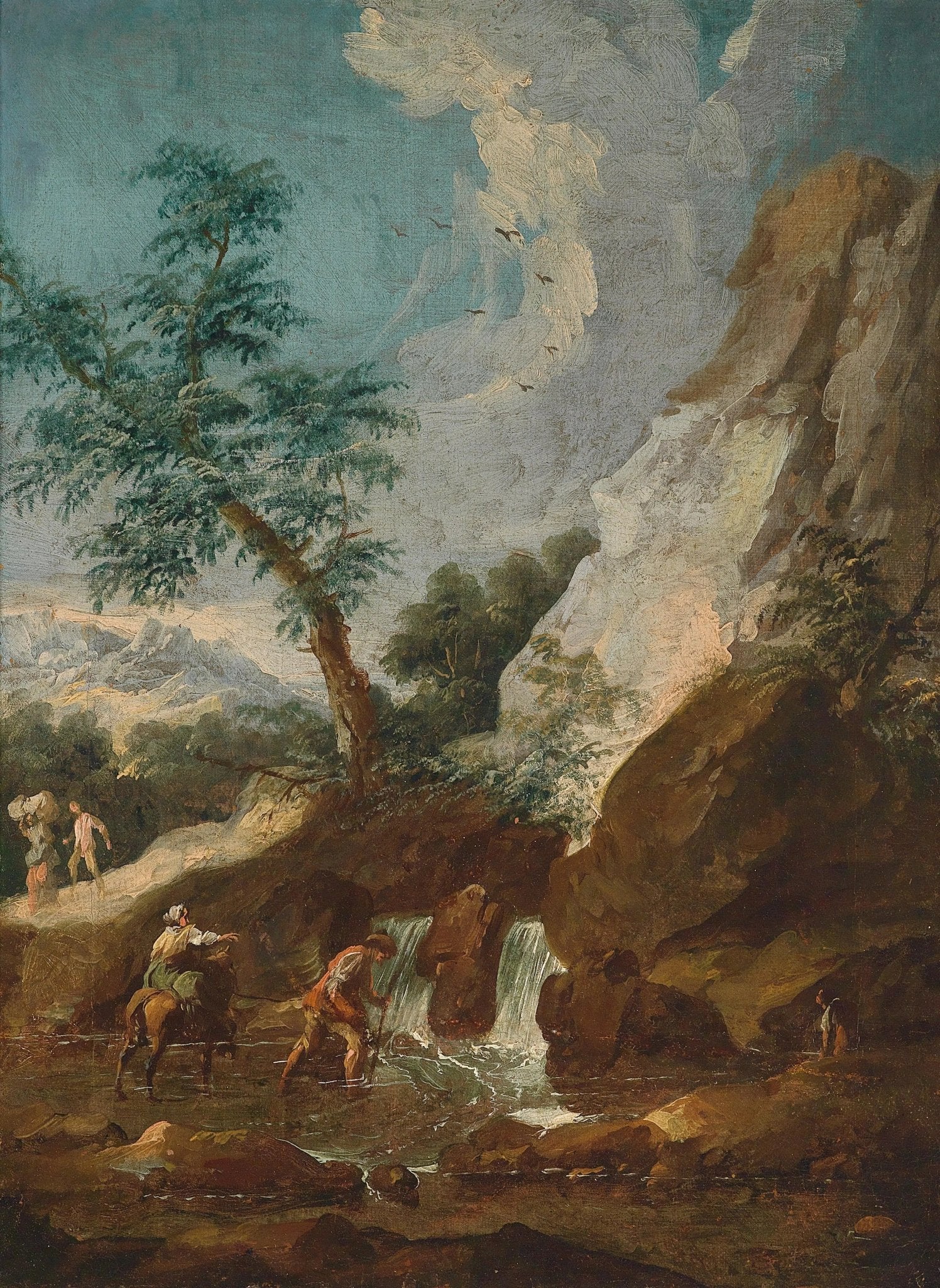 Landscape Oil Painting - Mountain Stream with Figures & Tree - Oil Painting Haven