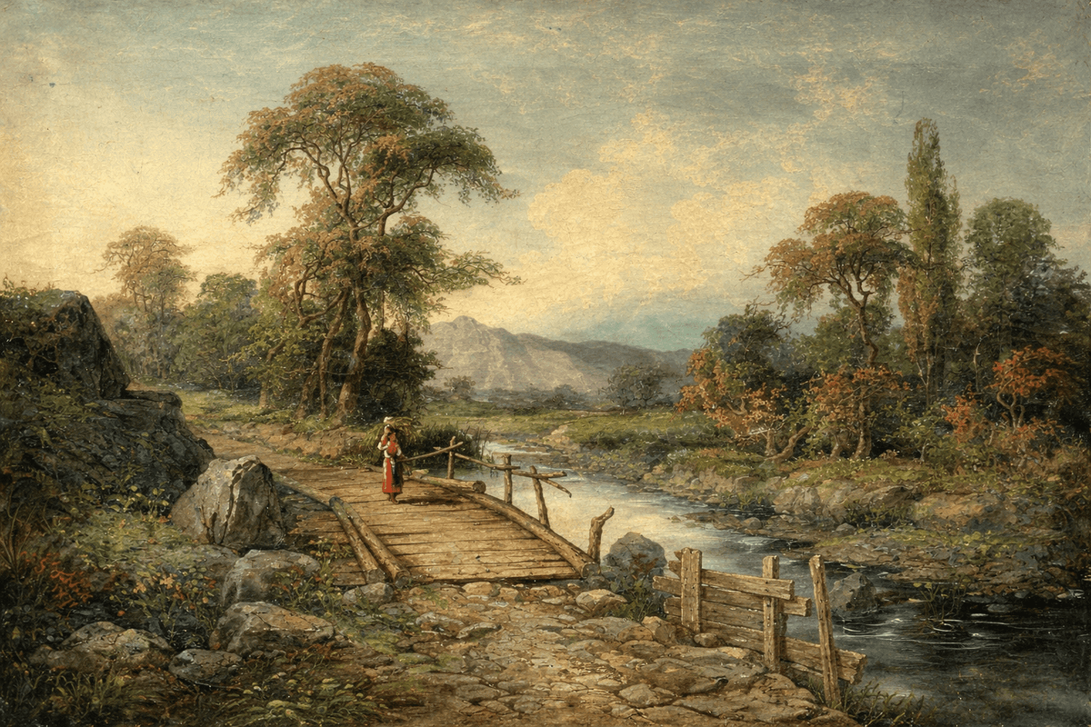 Hand-painted mountain stream with rustic bridge landscape oil painting on canvas