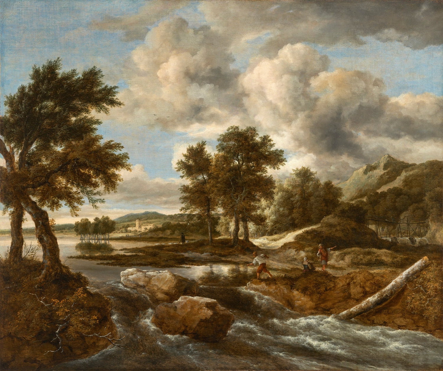 Hand-painted mountain stream with trees and figures landscape oil painting on canvas