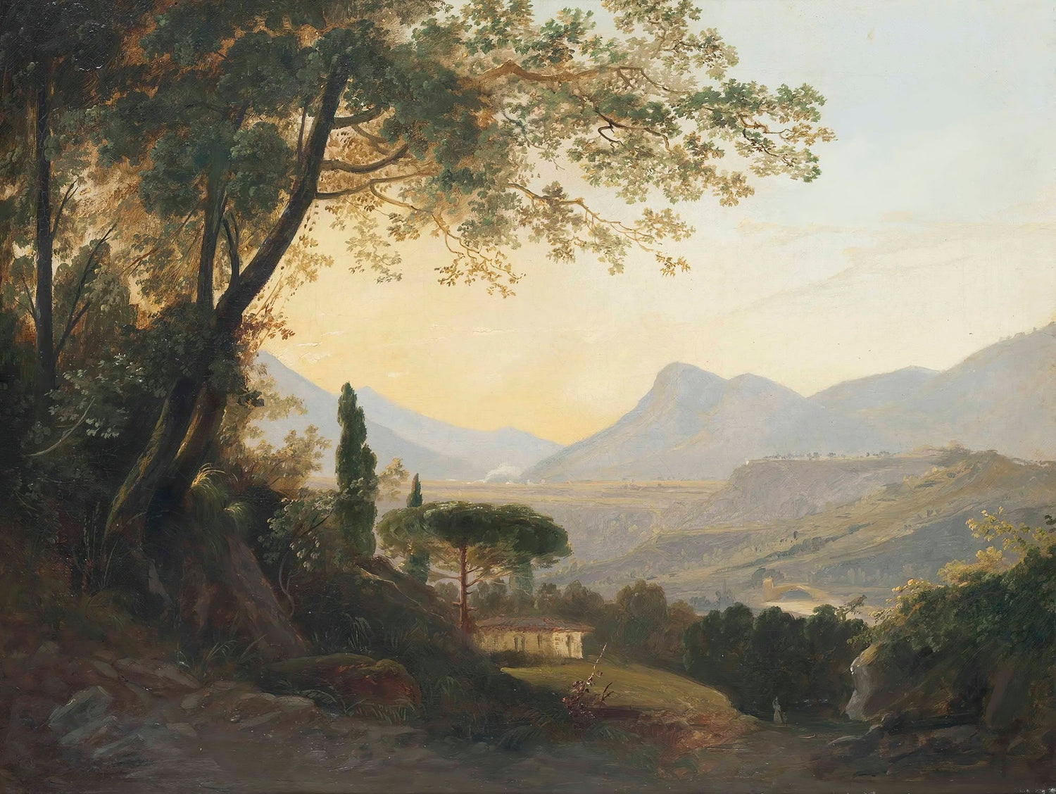 Hand-painted mountain valley at sunset with cottage landscape oil painting on canvas