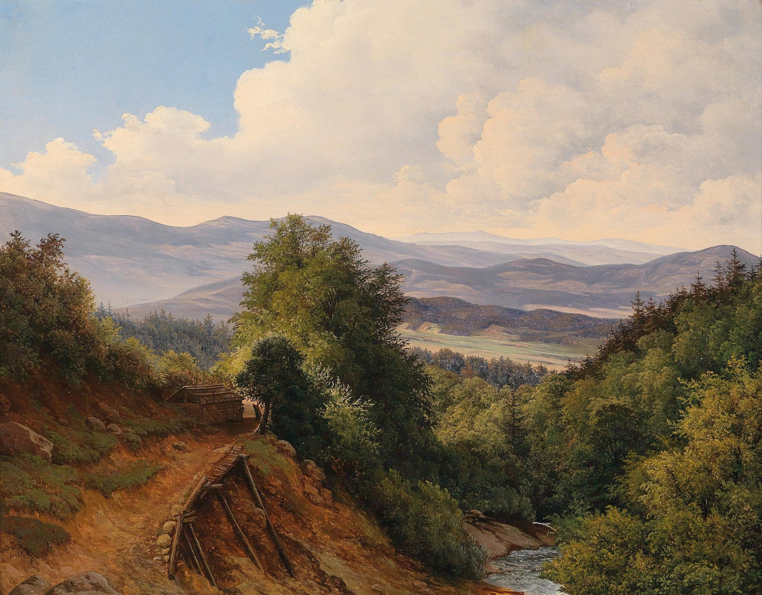 Hand-painted mountain valley forest river view landscape oil painting on canvas