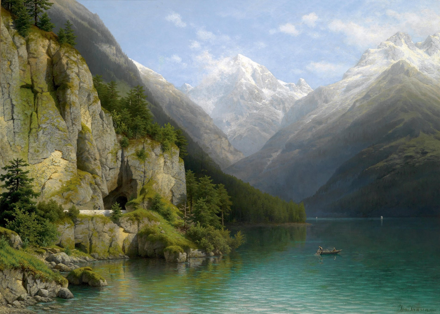 Landscape Oil Painting - Mountain Valley Lake: Cave Path, Boat - Oil Painting Haven