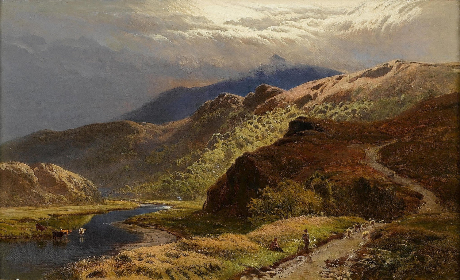 Hand-painted mountain valley, river and shepherd path landscape oil painting on canvas
