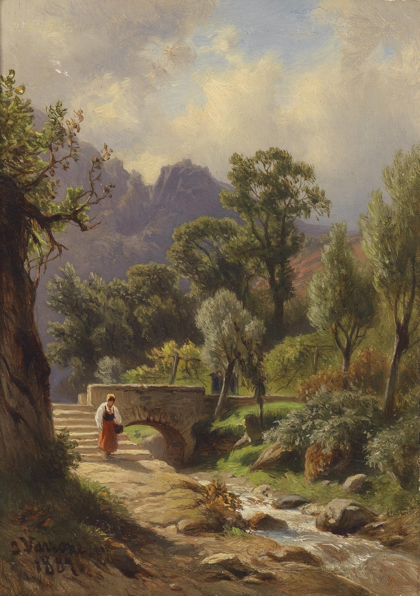 Landscape Oil Painting - Mountain Valley Stream,Stone Bridge, Peasant - Oil Painting Haven
