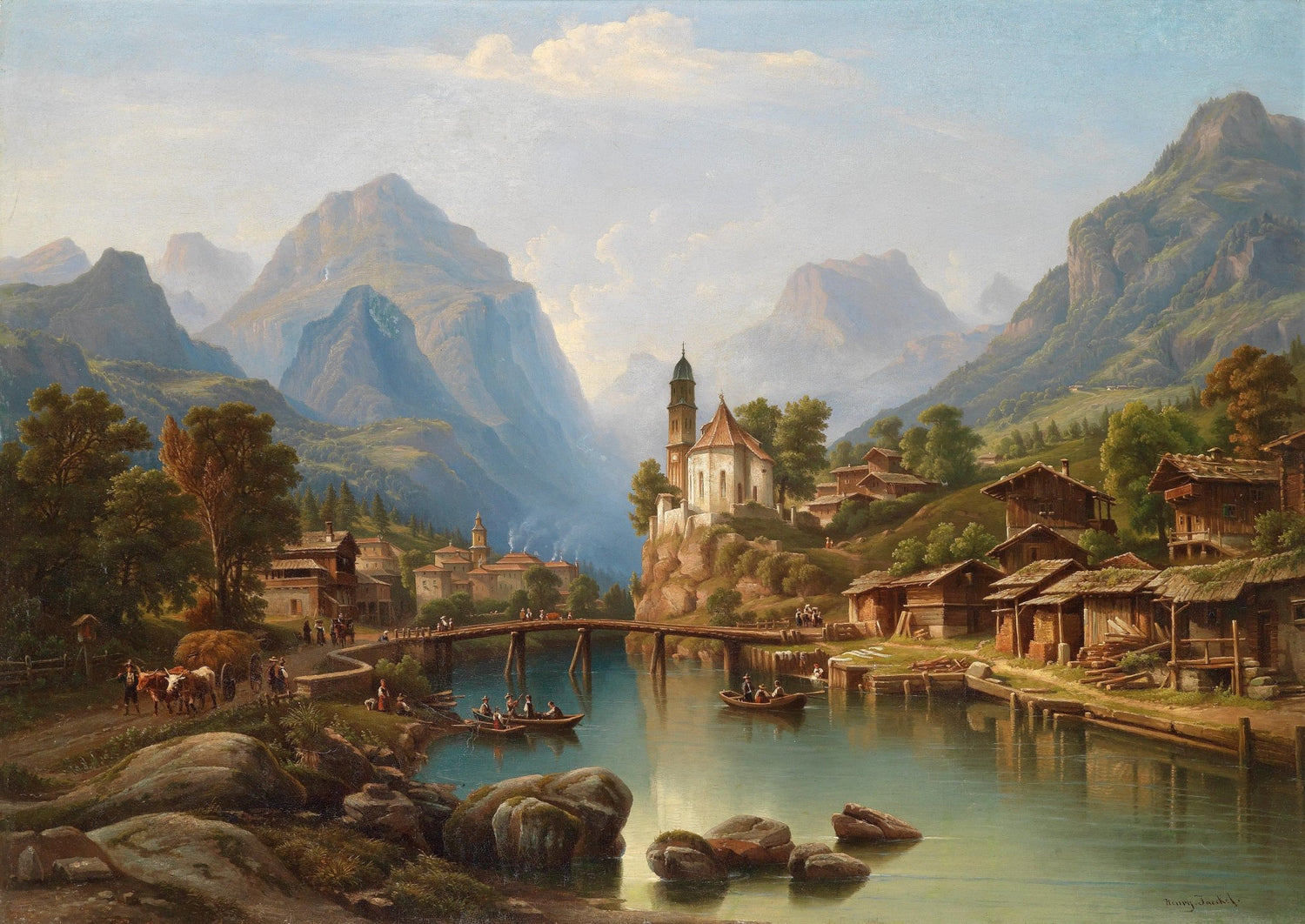 Landscape Oil Painting - Mountain Valley Town, Church & Wooden Bridge - Oil Painting Haven