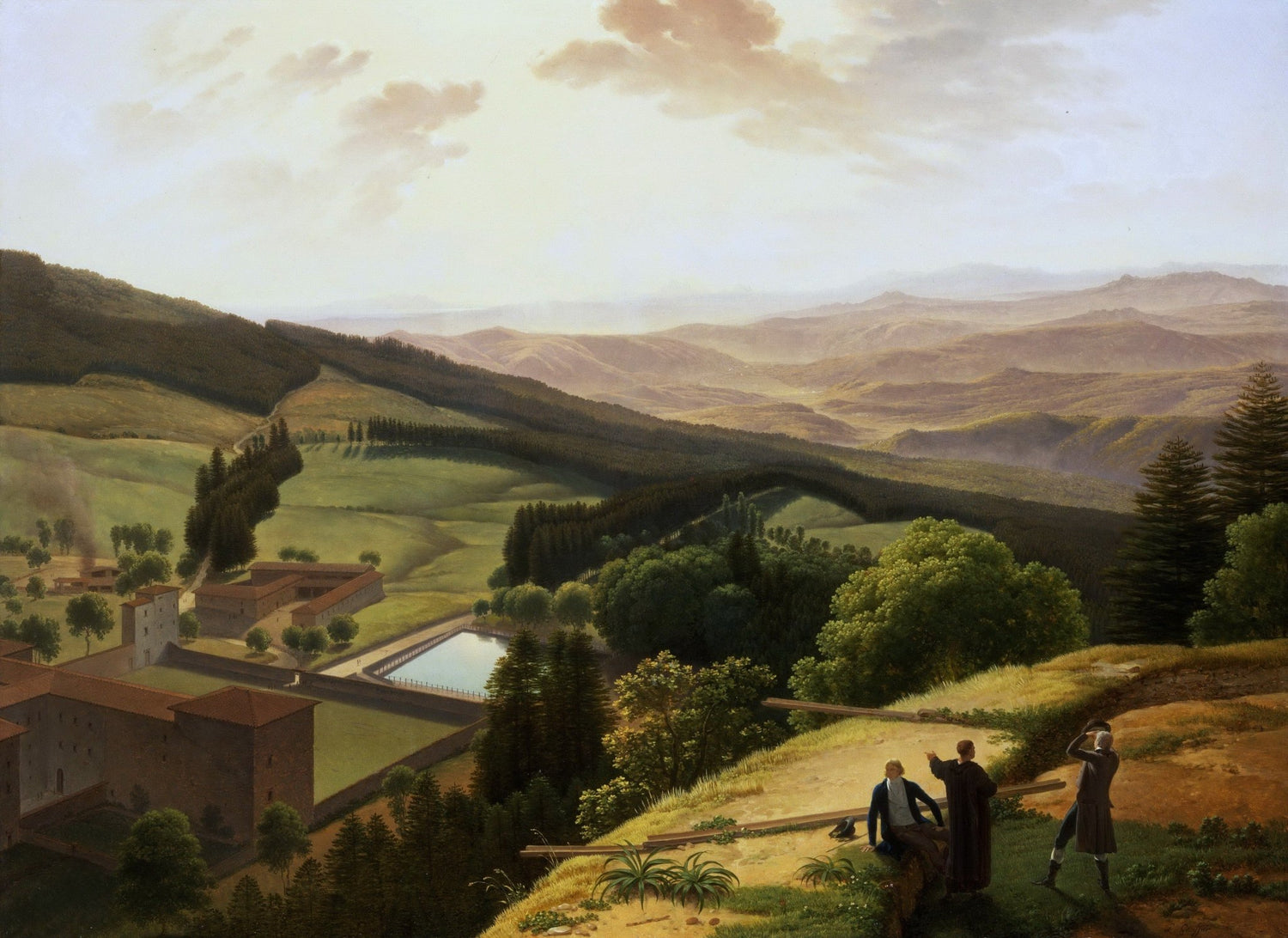 Hand painted oil on canvas landscape oil painting of mountain valley with monastery, textured brushwork, soft golden light. - Add Frame, Canvas, Figure, Hand Painted, Landscape, Made To Order, Mountain, Oil Painting