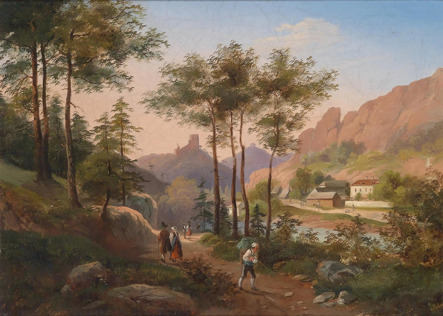 Landscape oil painting of a mountain valley path with textured brushwork, hand painted oil on canvas featuring figures,. - Add Frame, Architecture, Canvas, Figure, Forest, Hand Painted, Landscape, Made To Order, Mountain, Oil Painting, Road