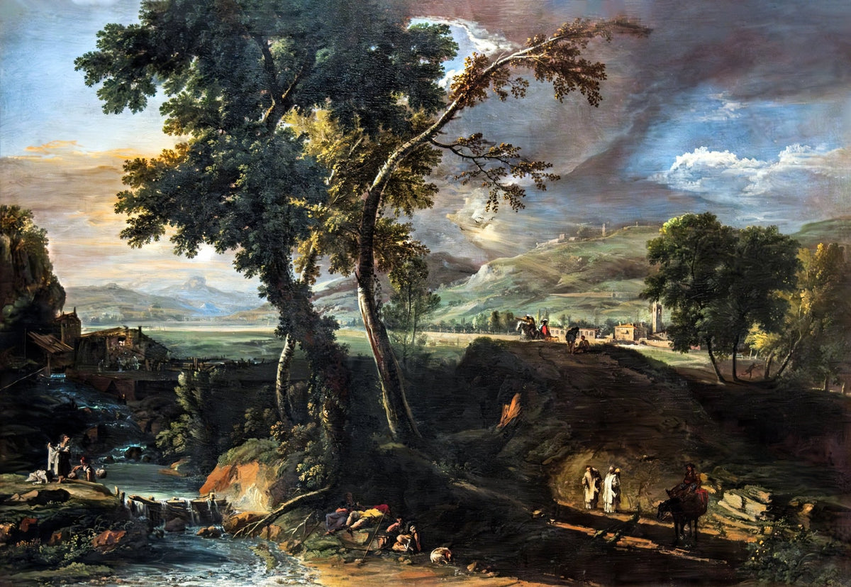 Hand-painted mountain valley with stream and figures landscape oil painting on canvas