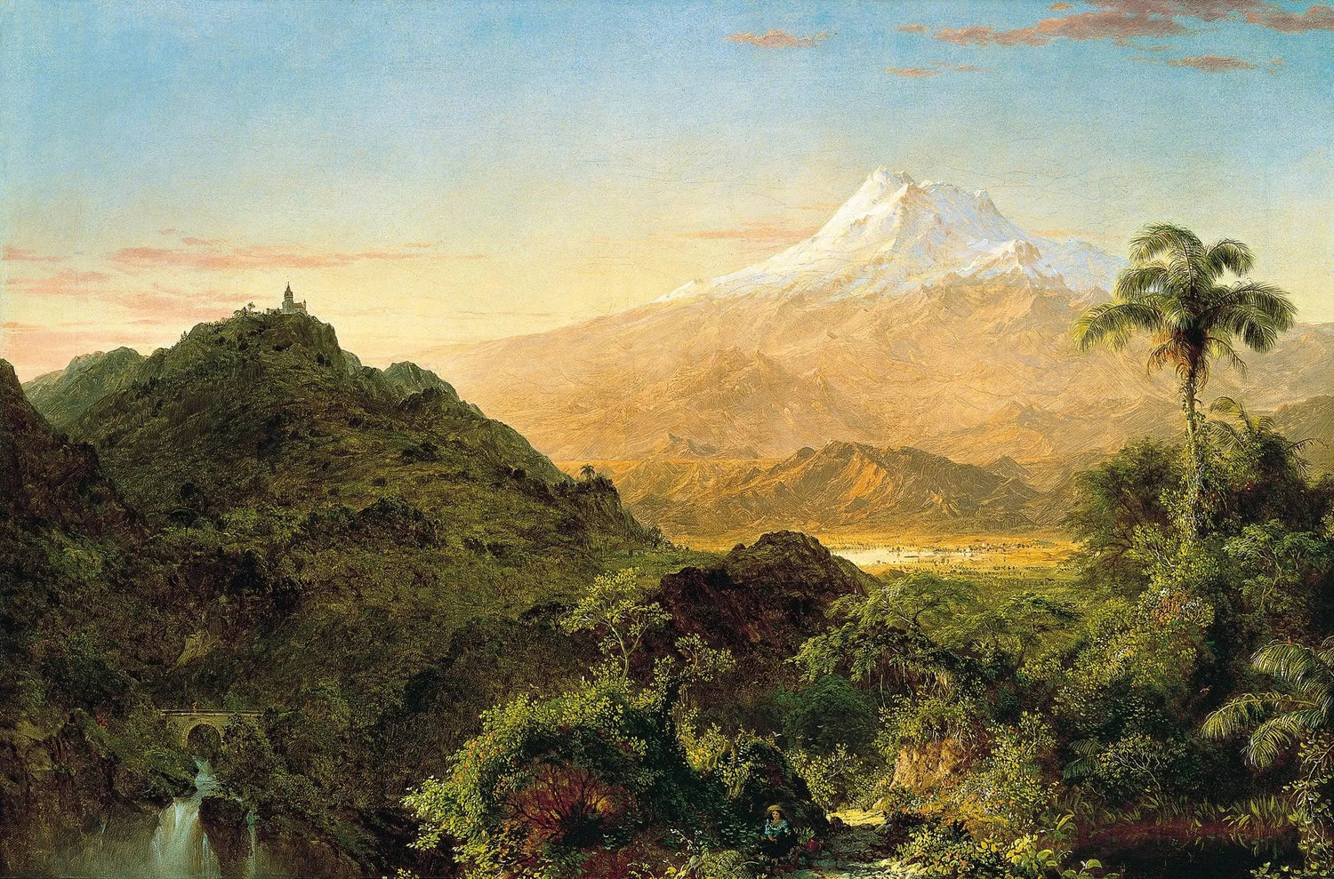 Landscape oil painting of a tropical mountain valley with snow-capped peak, lush green foliage, and textured brushwork on. - Add Frame, Canvas, Hand Painted, Landscape, Made To Order, Mountain, Oil Painting, Winter