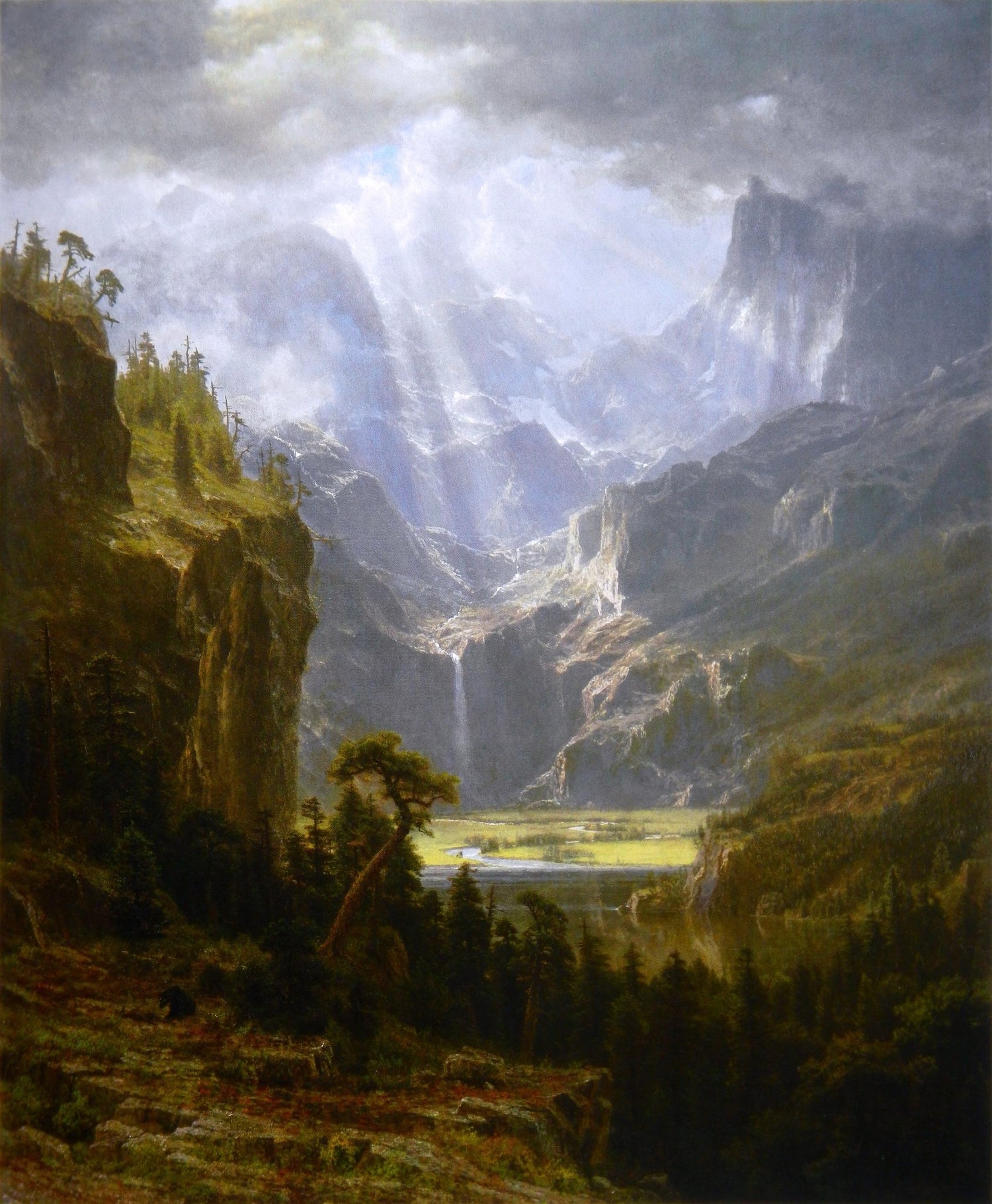 Landschaftsgemälde in Öl – Bergtal mit Wasserfall und See