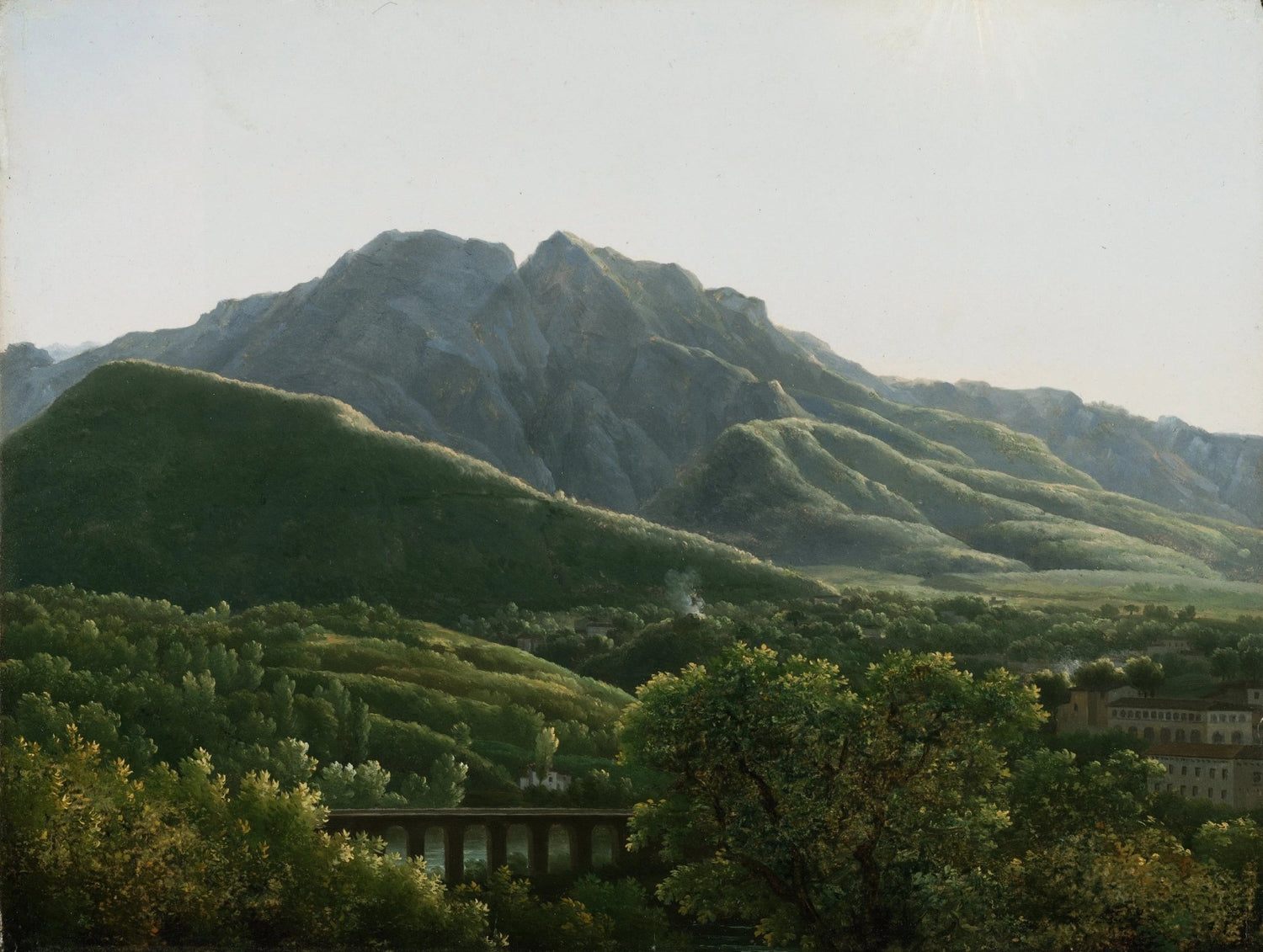 Landscape oil painting of green mountains with a stone bridge and dense greenery, textured brushwork on canvas. - Add Frame, Architecture, Canvas, Hand Painted, Landscape, Made To Order, Mountain, Oil Painting