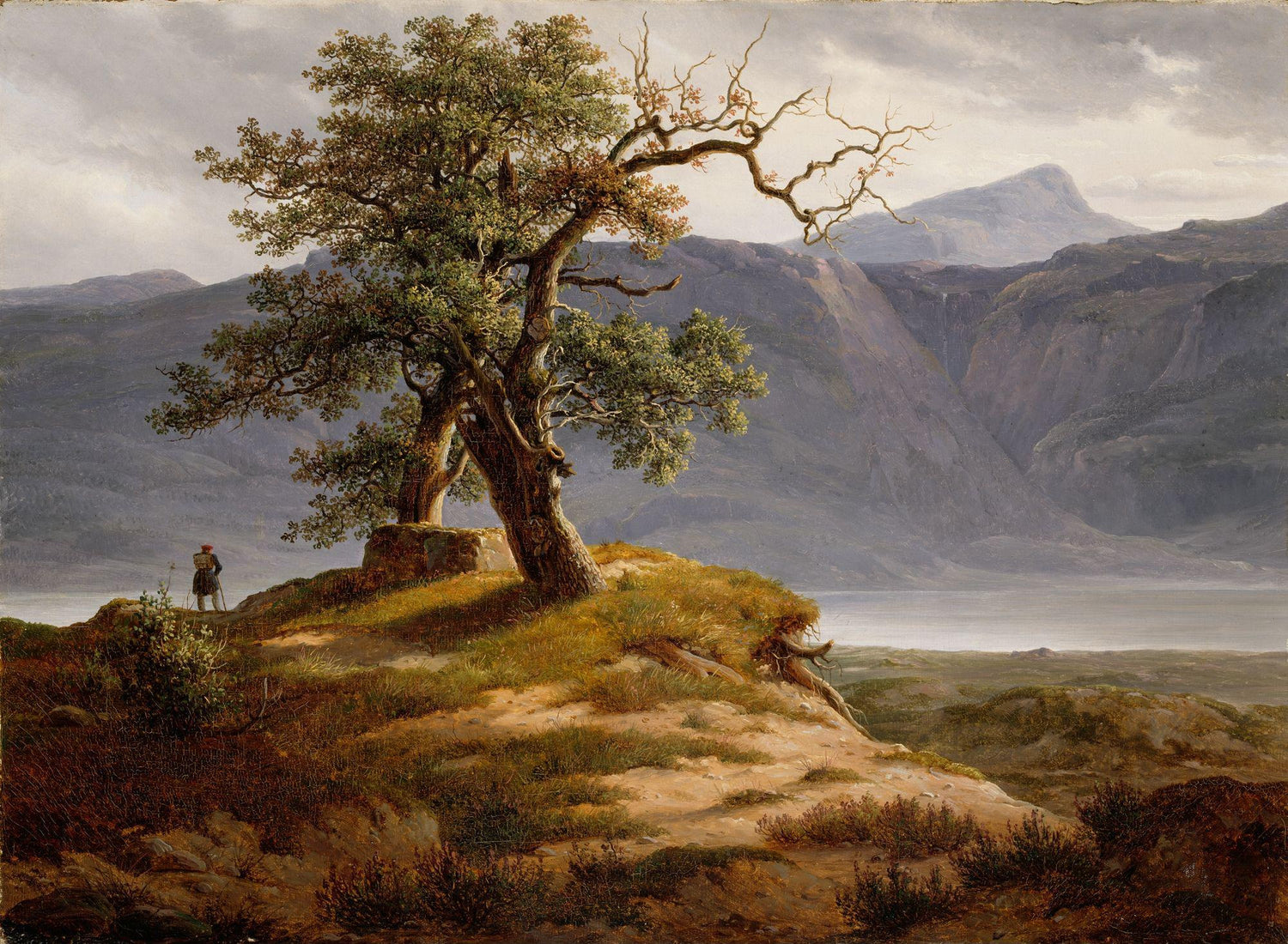 Landscape oil painting on canvas depicting a lone tree with textured brushwork, a small figure nearby, and distant mountains . - Add Frame, Canvas, Figure, Forest, Hand Painted, Landscape, Made To Order, Mountain, Oil Painting