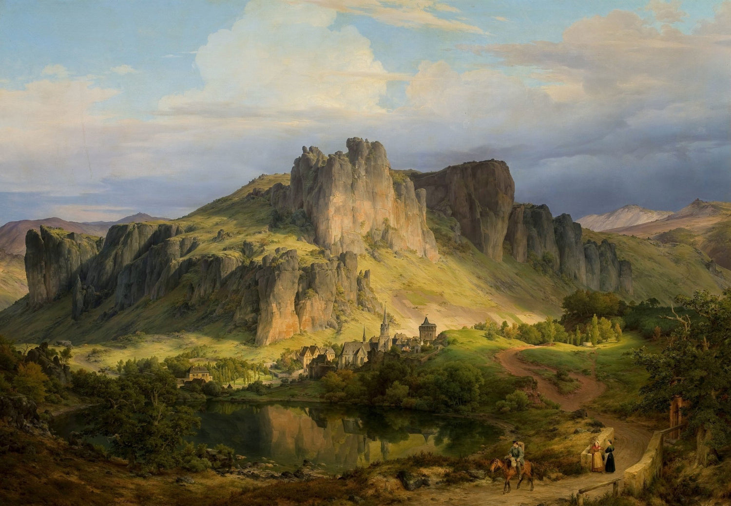 Hand-painted mountain village beneath golden cliffs landscape oil painting on canvas