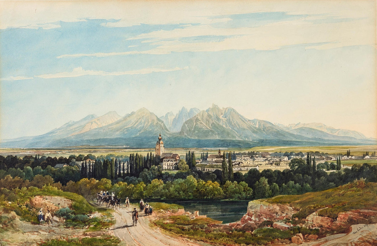 Hand-painted mountain village road and distant peaks landscape oil painting on canvas