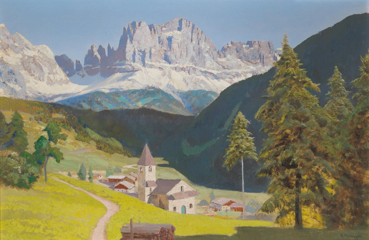Landscape oil painting of a mountain village with church, winding path, pine trees, and textured brushwork on canvas. - Add Frame, Architecture, Canvas, Church, Country, Forest, Hand Painted, Landscape, Made To Order, Mountain, Oil Painting, Road, Village