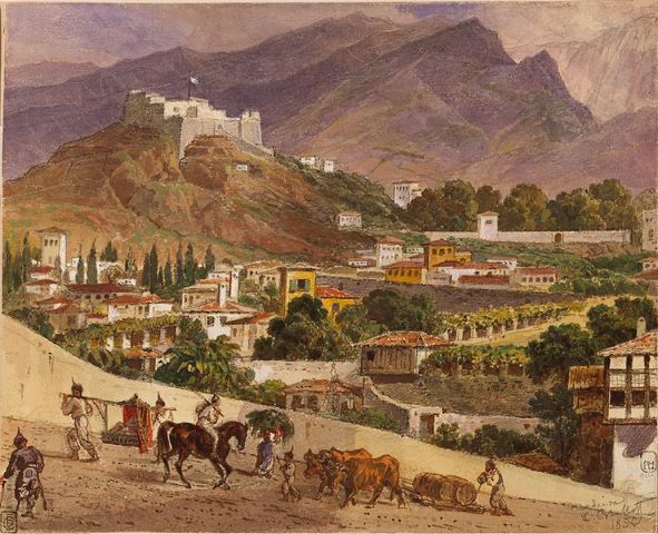Hand-painted mountain village with hilltop castle landscape oil painting on canvas