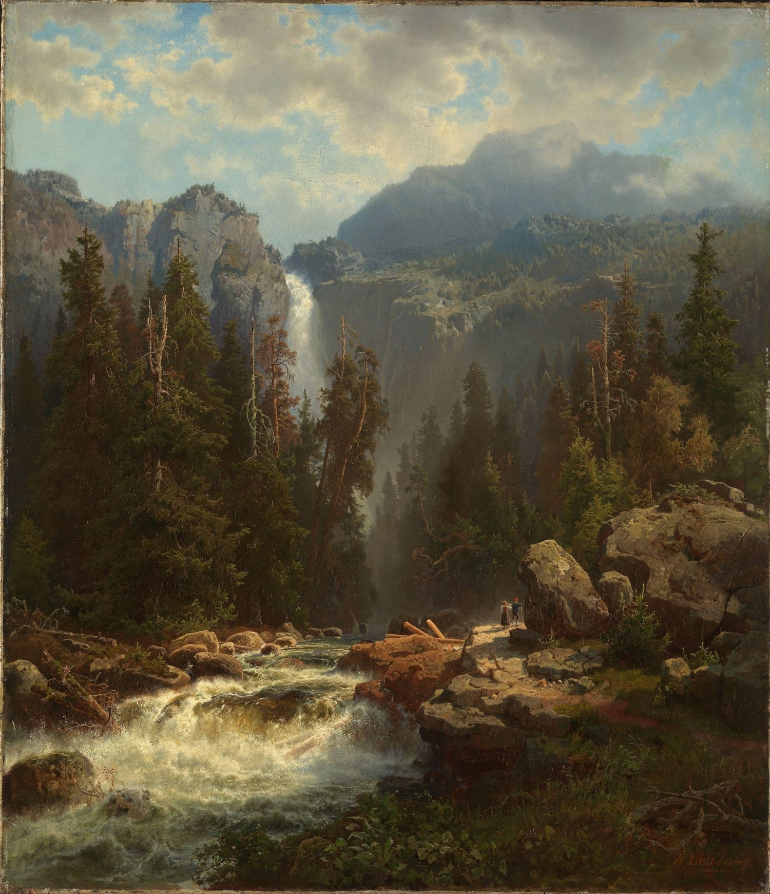 Hand-painted mountain waterfall and pine forest landscape oil painting on canvas