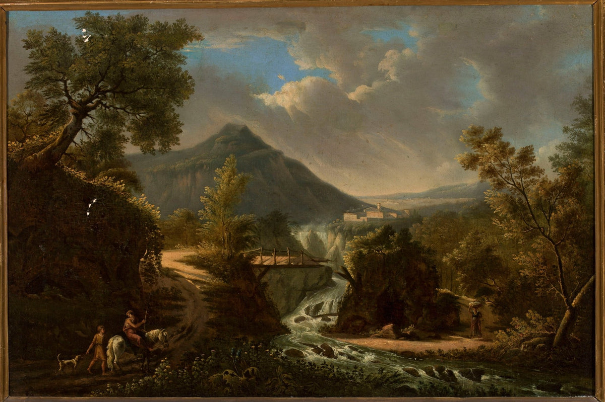 Hand-painted mountain waterfall and rustic bridge landscape oil painting on canvas