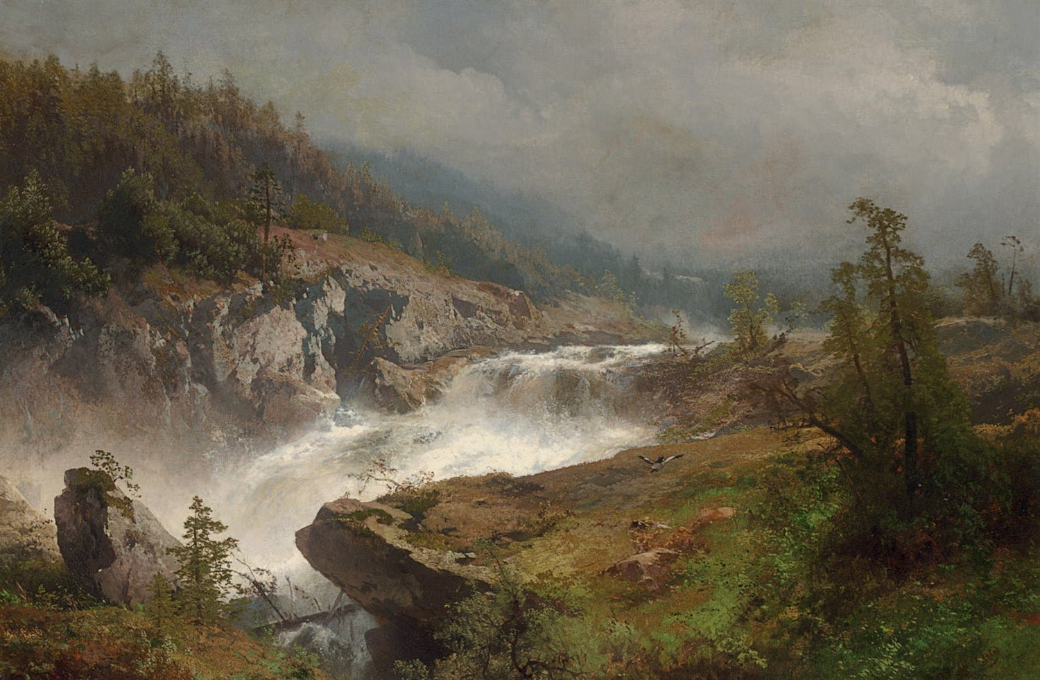 Hand-painted mountain waterfall in forest valley landscape oil painting on canvas