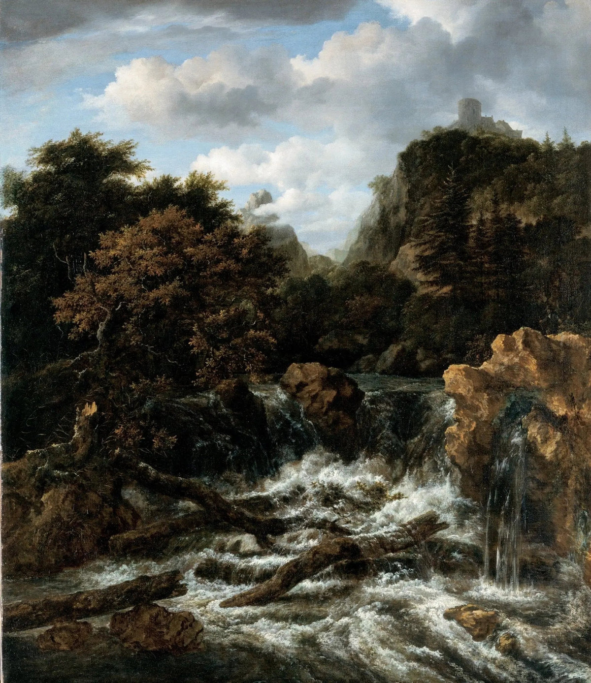 Hand painted landscape oil painting on canvas featuring textured brushwork of a mountain waterfall cascading over rocks with . - Add Frame, Architecture, Canvas, Castle, Forest, Hand Painted, Landscape, Made To Order, Mountain, Oil Painting, Waterfall
