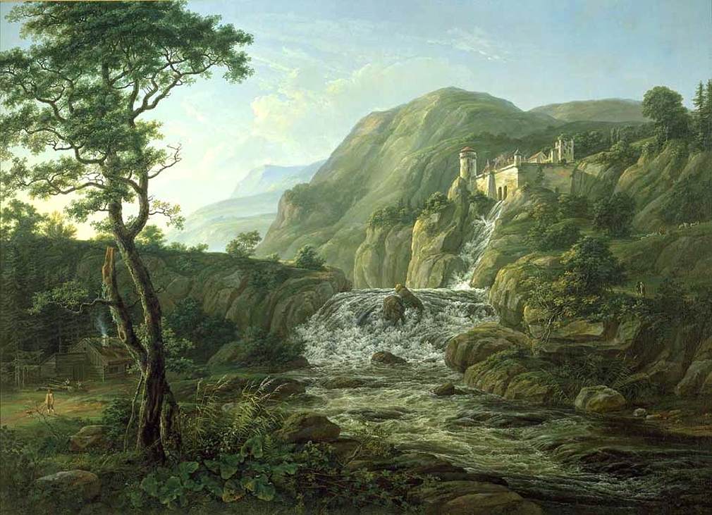 Hand-painted mountain waterfall with castle ruins landscape oil painting on canvas