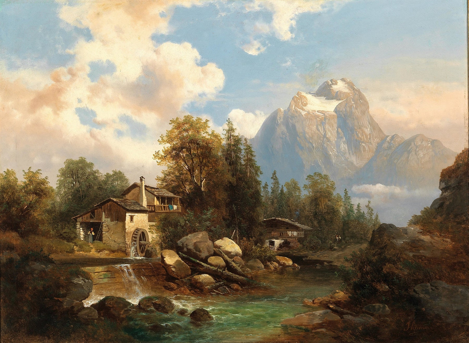 Hand-painted mountain watermill and river view landscape oil painting on canvas
