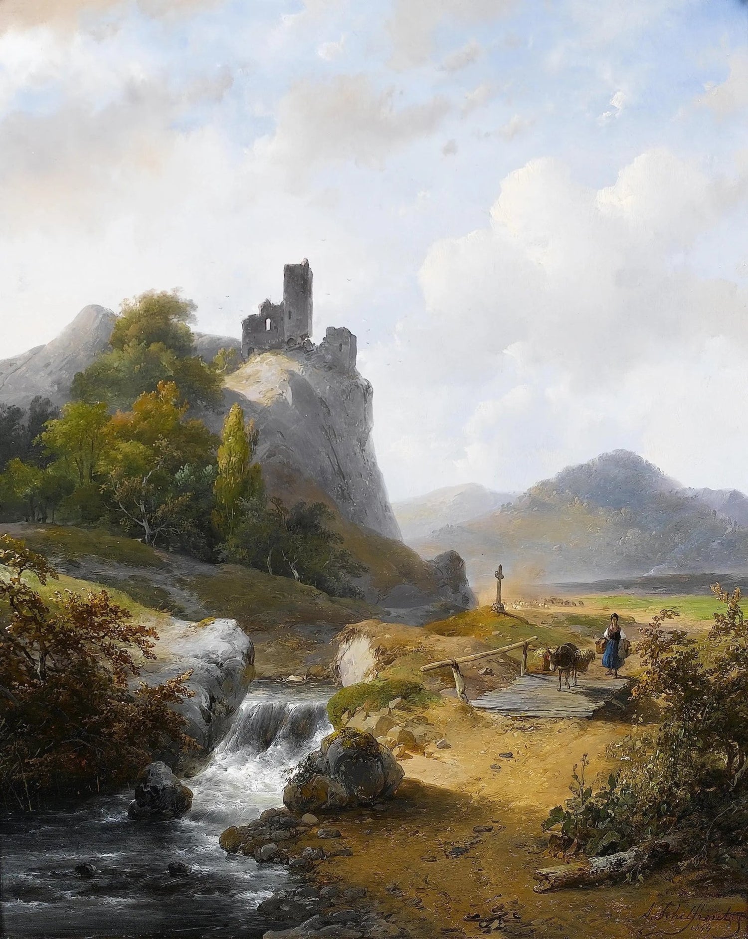 Landscape oil painting on canvas featuring a mountain with ancient ruins atop, a cascading waterfall in the foreground, and. - Add Frame, Architecture, Canvas, Figure, Forest, Hand Painted, Landscape, Made To Order, Mountain, Oil Painting, Waterfall